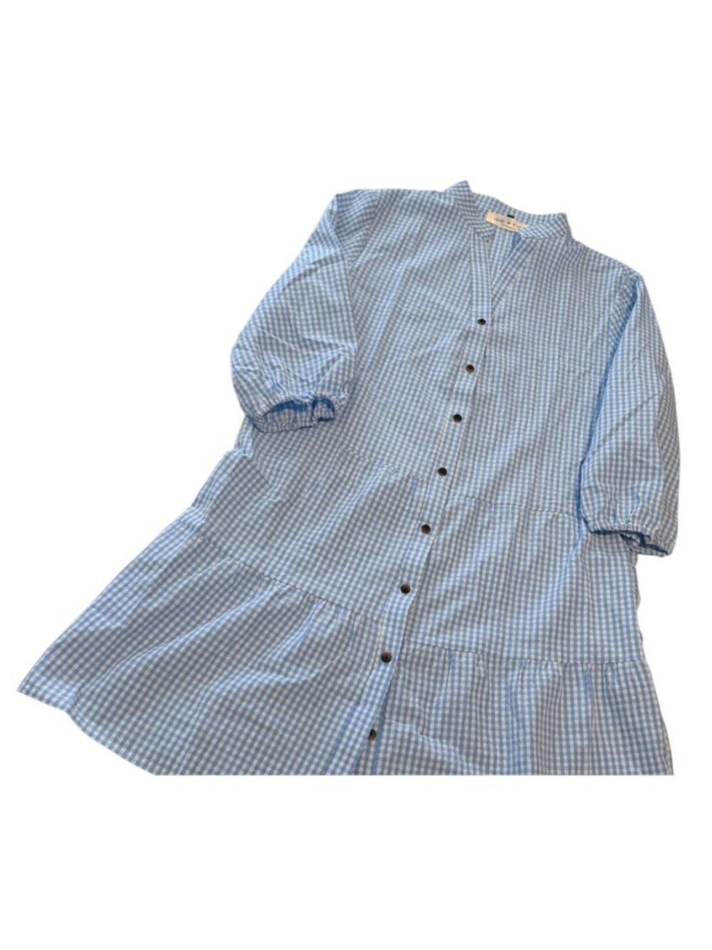Love Kuza Blue and White Gingham 3/4 Sleeves Button Up Dress Size Large NWOT